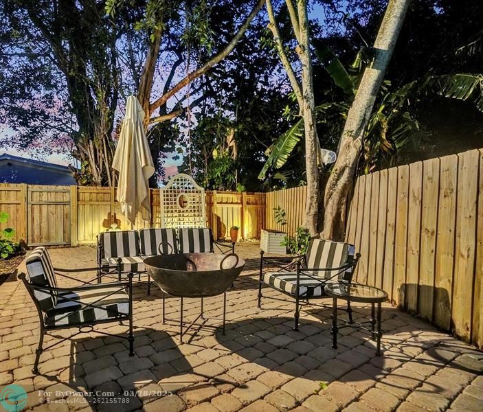 Patio and Firepit and Barbecue Area at twilight