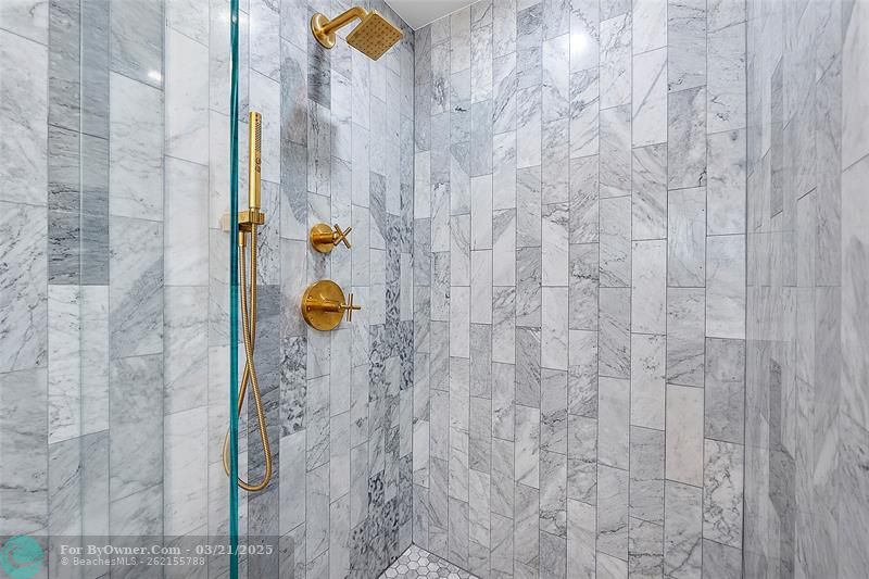 Brass shower hardware and glass shower wall.