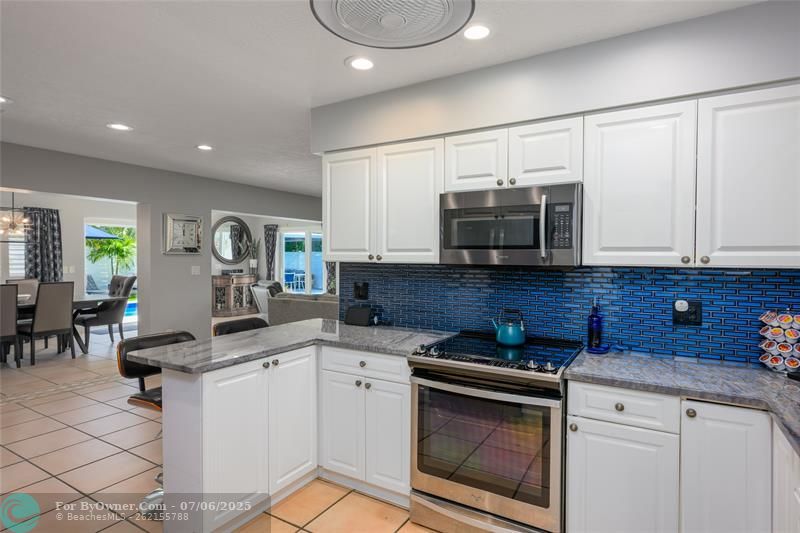 Quartzite counters and bold navy back splash